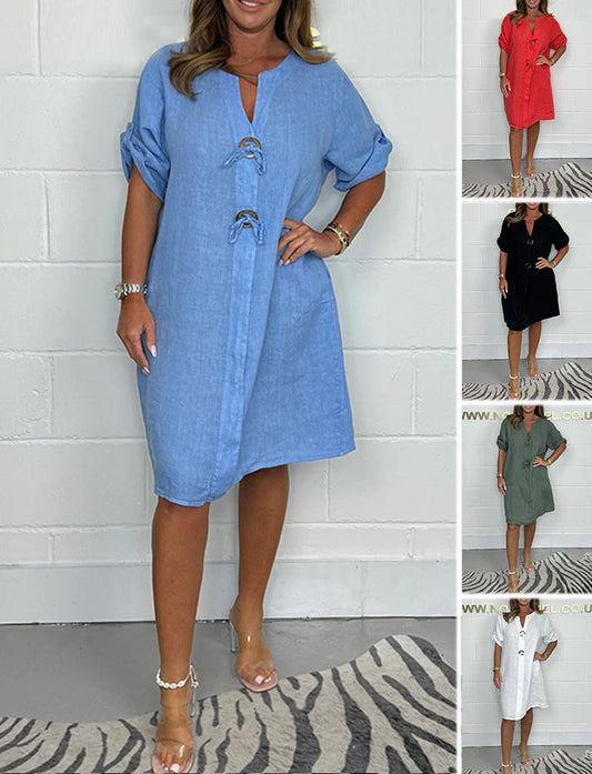 🌹Ingyenes Rózsaszín Nyaklánc🌸🎉100% lenvászon gombos ruha