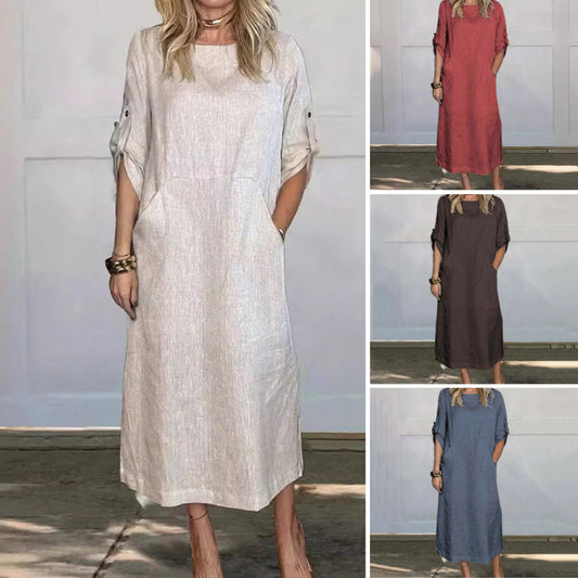 🌹Ingyenes rózsaszín nyaklánc🌸Női lenvászon-pamut laza, egyszínű, hosszú ruha🍃