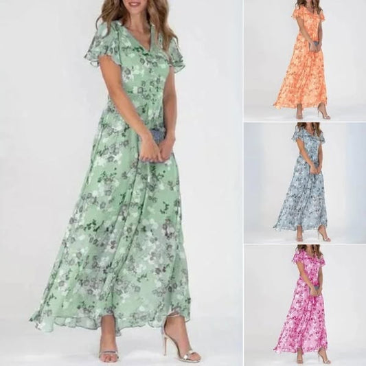 🌸 Könnyű, rövid ujjú, virágmintás maxiruha【M-3XL】