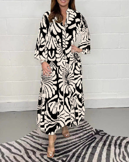 🔥🍃Virágos nyomtatás harang ujjú puha és lélegző Maxi ruha