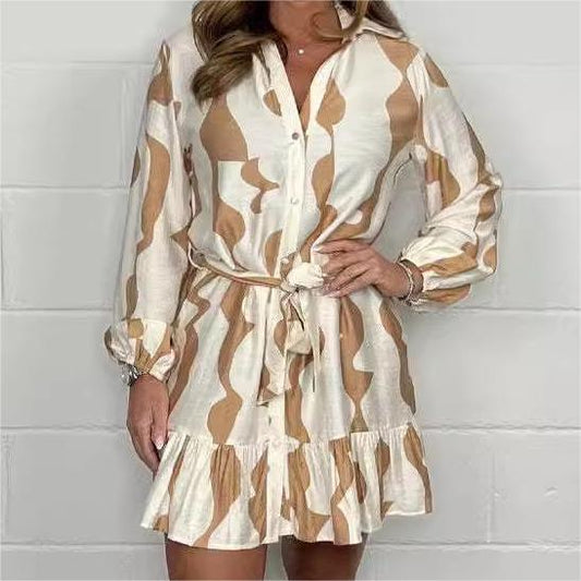 💃Nyomtatott hosszú ujjú ing nyakkendő ruha nők