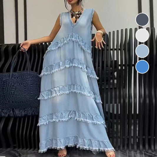 🍂Őszi különlegességek🍂Divat V-nyakú ujjatlan, réteges, fodros ruhák