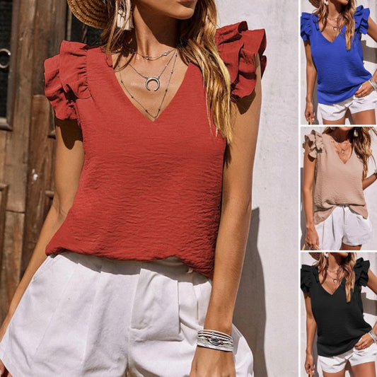 【S-2XL】👚V-nyakú fodros ujjatlan Stretch felső