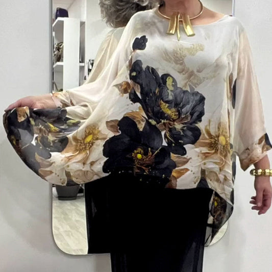 👚 Női kerek nyakú és virágmintás felső 🌸 | Lélegző pamut