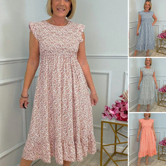 💃 Női elegáns, virágmintás, magas derekú ruha fodros ujjakkal