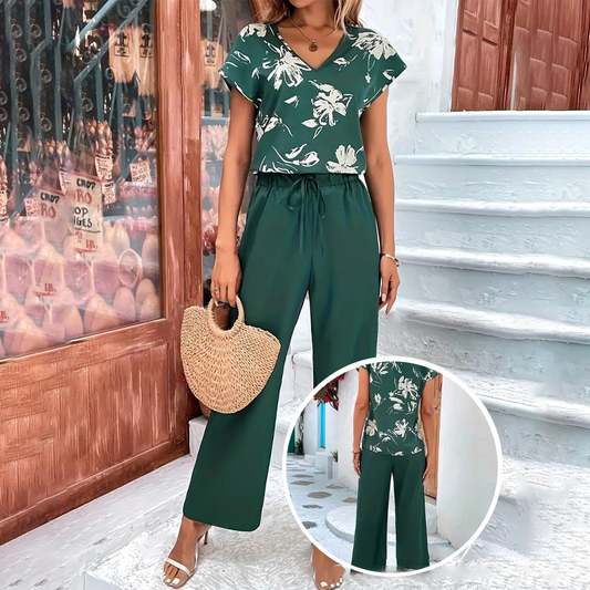 🌸Női alkalmi nyomtatott felső és széles szárú nadrág kétrészes készlet