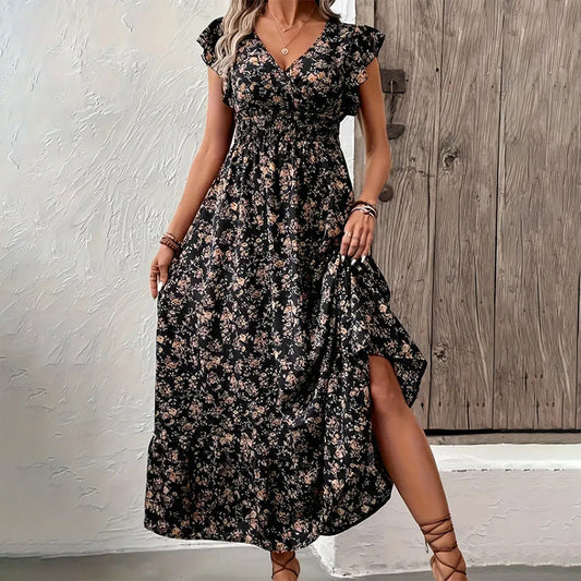 🌸 Lebegő V-nyakú Virágmintás Maxi Ruha