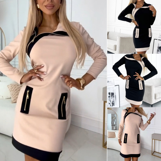 【S-3XL】✨💖Női színes, rövid ruha hosszú ujjal és cipzárral