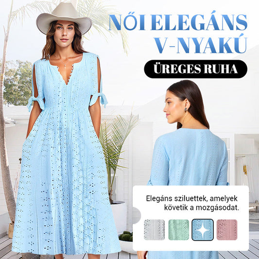 🌟Női elegáns V-nyakú üreges egyszínű ruha✨