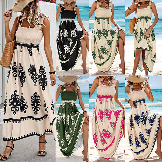 ☀️ Pamut női nyári nyári nyomtatás nyári nyomtatás ujjatlan Flowy hosszú ruha👗