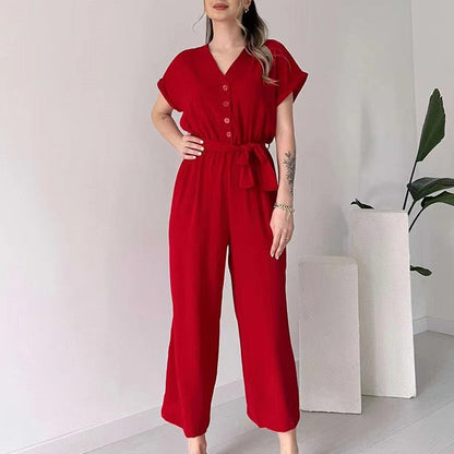 2025💖 Női V-nyakú rövid ujjú V-nyakú alkalmi alkalmi Jumpsuit