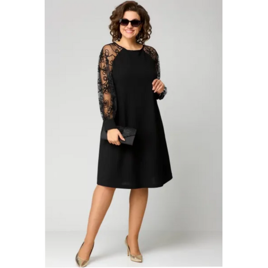 🔥👗Csipke patchwork kerek nyakú hosszú ujjú ruha