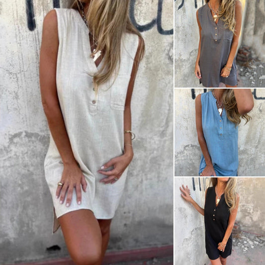 💖Pamut vászon egyszínű egyszínű gomb zseb mély V-nyakú ruha