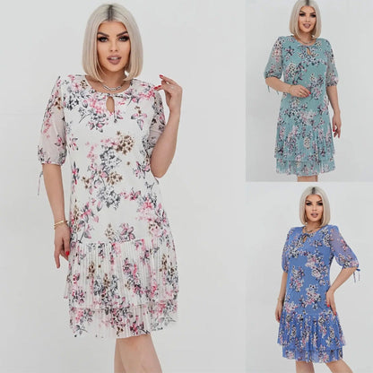 💝Utolsó 50 darab🌹Ingyenes rózsaszín nyaklánc🌹Elegáns sifon hosszú pliszírozott ruha rövid ujjakkal👗