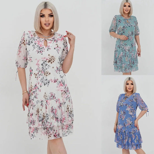 💝Utolsó 50 darab🌹Ingyenes rózsaszín nyaklánc🌹Elegáns sifon hosszú pliszírozott ruha rövid ujjakkal👗