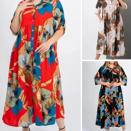 🔥2XL-4XL🌺Női laza hajtókás nyomtatott gomb-down hosszú ruha👗