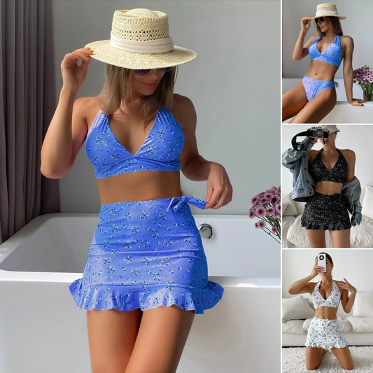 🌞🏖️ Női 3-Részes Nyomott Bikini Fürdőruha Szett 👙✨
