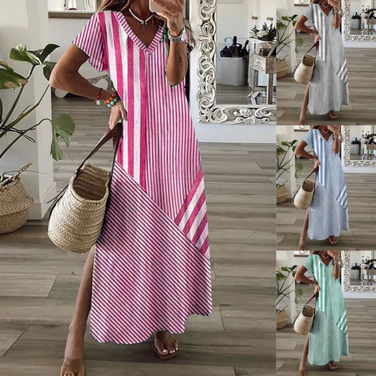 💃 Női csíkos V-nyakú ruha hasított résszel