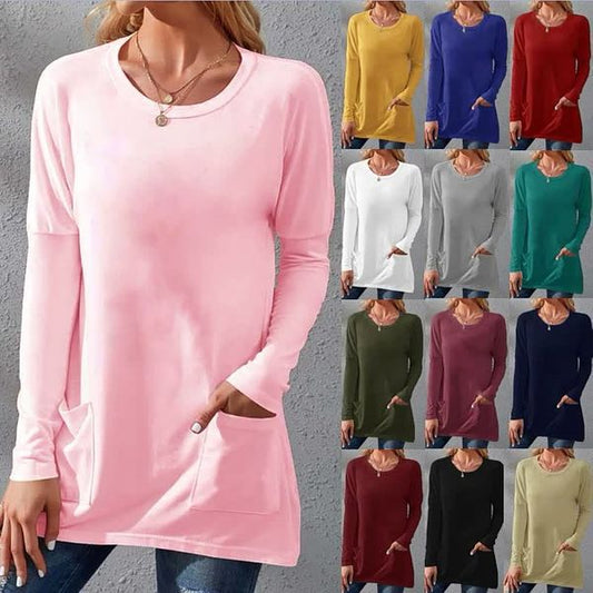 🔥 [M-5XL] 🌸👚 Női Kényelmes Hosszú Ujjú Póló Kerek Nyakkal és Zsebbe