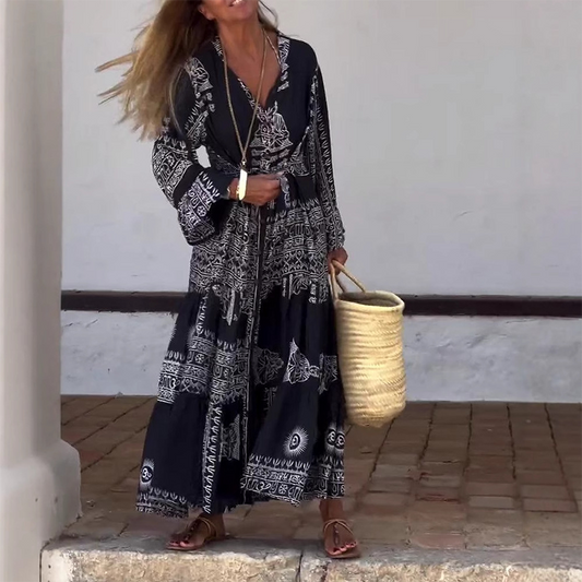 🌺Női lezser ruha V-nyakkal és mintával
