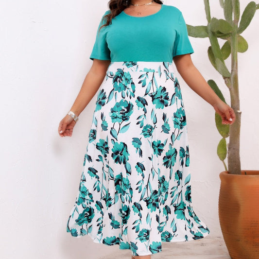 🌸【L-4XL】💃Elegáns, nyomtatott panelekkel díszített, kerek nyakú, derékban szűkített ruha