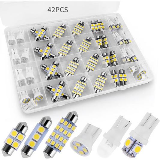 🚗💡 42 darabos, ultraerős LED-es autó belső világítási készlet – plug-and-play, 6000K hideg fehér fény, univerzális illeszkedés ✨