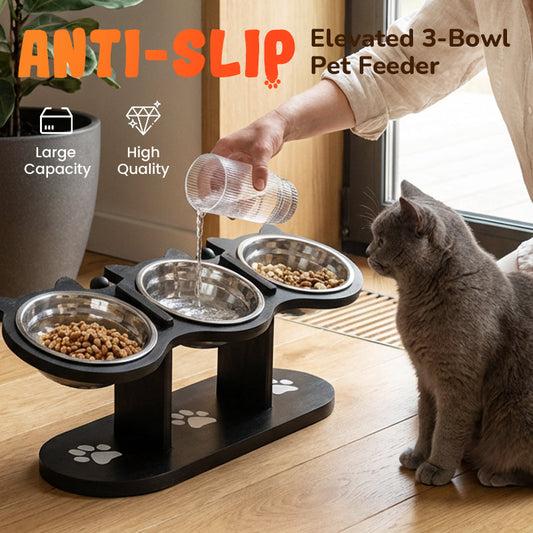 🐾Magasított etetőállvány macskáknak és kutyáknak, három tálcával – csúszásgátló és stabil🥣🍽️✨