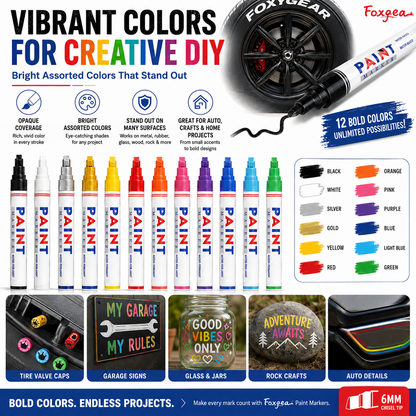 🖍️Most 50% kedvezménnyel! Vízálló filctoll – 12 szín, 6 mm-es lapos hegy – fémre, üvegre, fára, gumira és kőre is használható 🎨✨