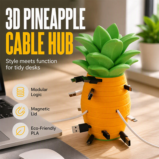 🍍 3D-s kábelrendező ananász mintával – Praktikus tároló töltőkábelekhez és apró kiegészítőkhöz